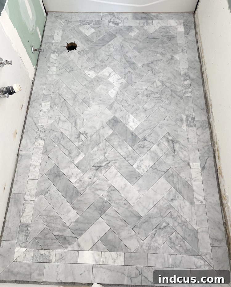Another view of the newly tiled bathroom floor