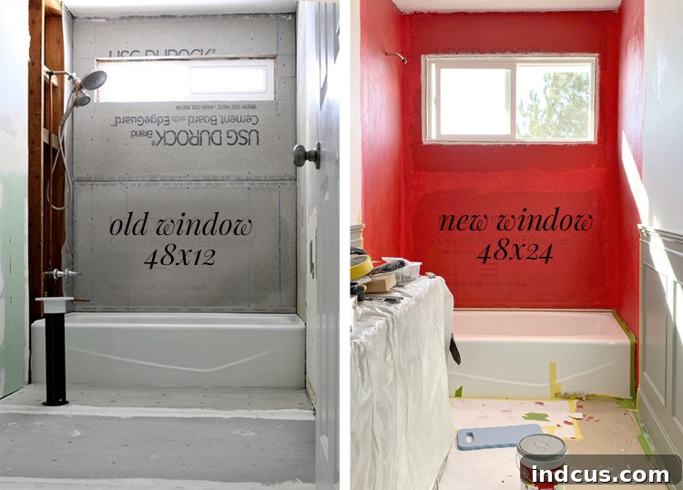 Interior view of the newly installed larger window, flooding the bathroom with light.