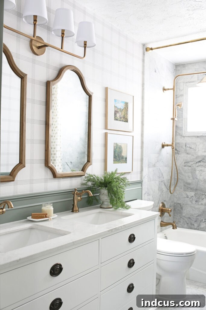 Panoramic view of the completed English cottage-inspired bathroom, showcasing all renovated elements