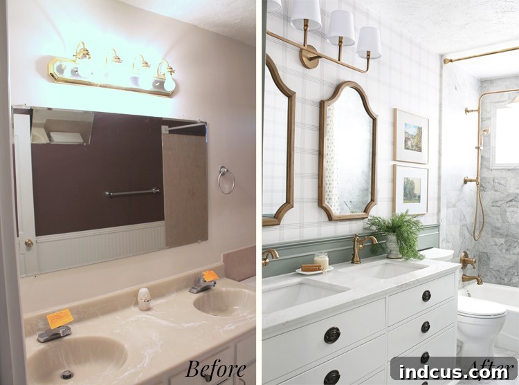 Side-by-side comparison of the bathroom vanity area, before and after renovation
