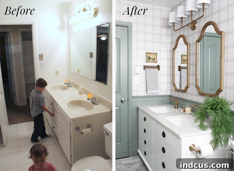 Side-by-side comparison of the bathroom shower and tub area, before and after renovation