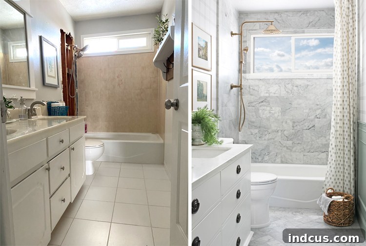Side-by-side comparison focusing on the bathroom window area, before and after renovation