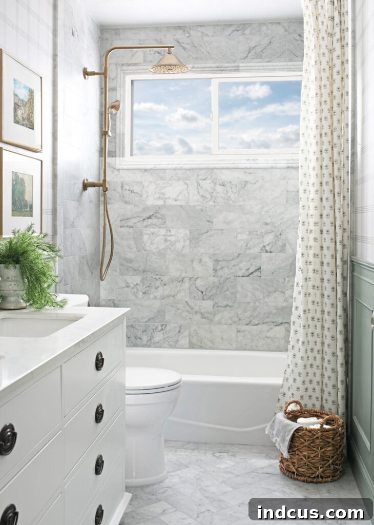 After image of a beautifully renovated English cottage-inspired hall bathroom with modern amenities