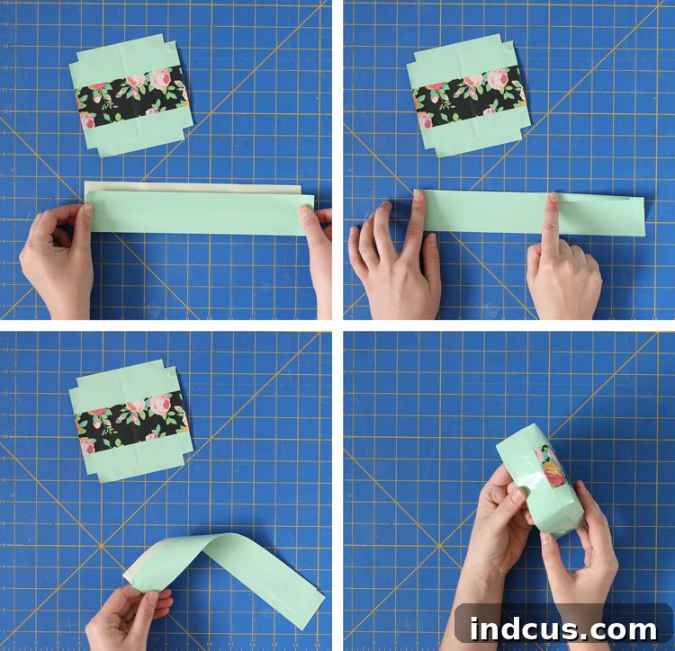 Assembled Duck Tape lid with side strips wrapped around a square top, showing a clean corner.