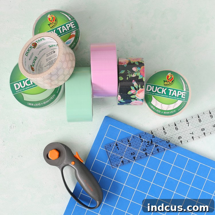 Selection of colorful Duck Tape rolls, showcasing various patterns and hues available for crafting.