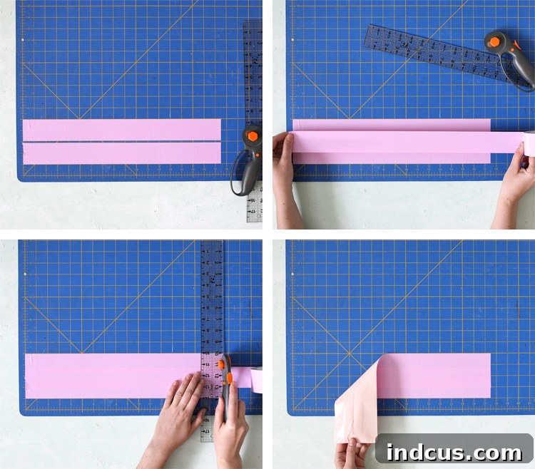 Close-up view of Duck Tape being precisely cut with a rotary cutter on a self-healing mat.