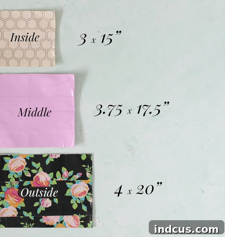 Diagram showing Duck Tape measurements for the various layers of the surprise box.