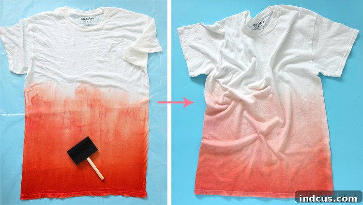 Vibrant Tie Dye Patterns to Craft 12 Applying dye to a t-shirt for an ombre tie-dye effect, showing the color gradually fading upwards.