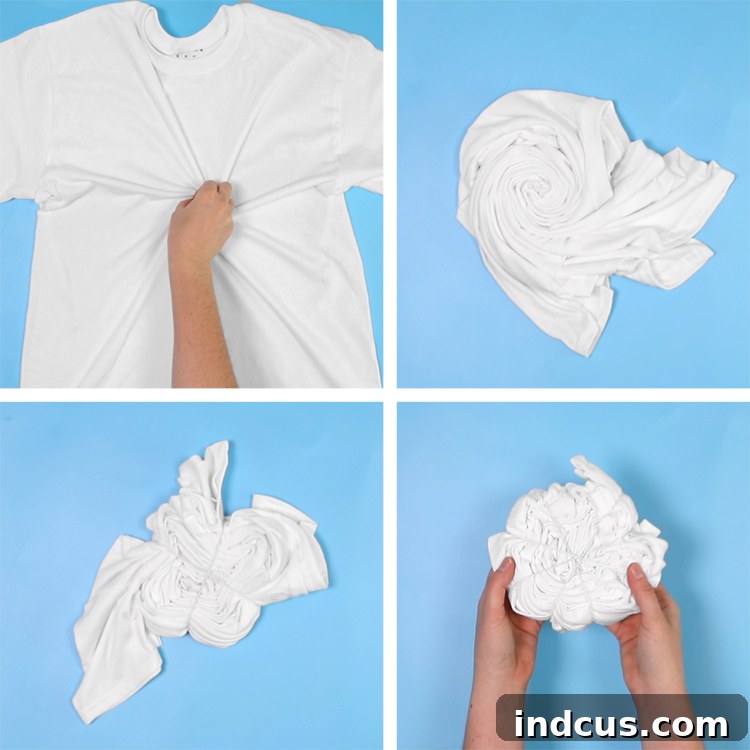 Vibrant Tie Dye Patterns to Craft 13 T-shirt expertly folded and banded into a spiral for a classic swirl tie-dye pattern.