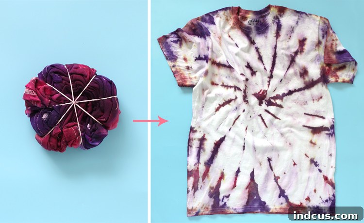 Vibrant Tie Dye Patterns to Craft 14 Finished classic swirl tie-dye pattern on a t-shirt, showing vibrant concentric circles of color.