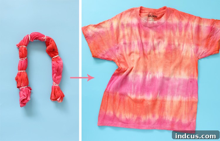 Vibrant Tie Dye Patterns to Craft 16 Finished striped tie-dye pattern on a t-shirt, showcasing vibrant horizontal stripes of color.