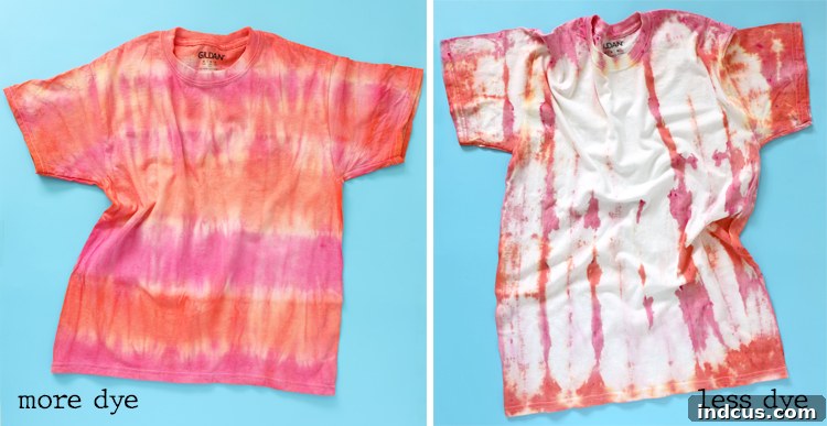 Vibrant Tie Dye Patterns to Craft 17 Comparison of striped tie-dye shirts with varying dye saturation: one heavily dyed, one lightly dyed.