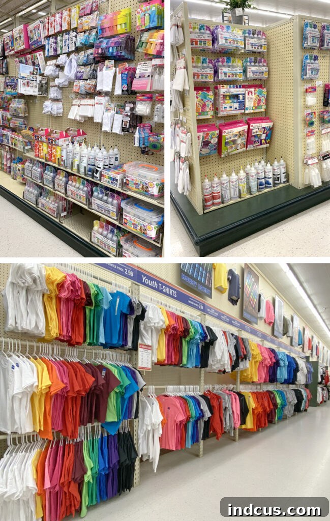 Vibrant Tie Dye Patterns to Craft 3 Hobby Lobby aisle displaying various tie-dye kits and blank t-shirts, ready for purchase.