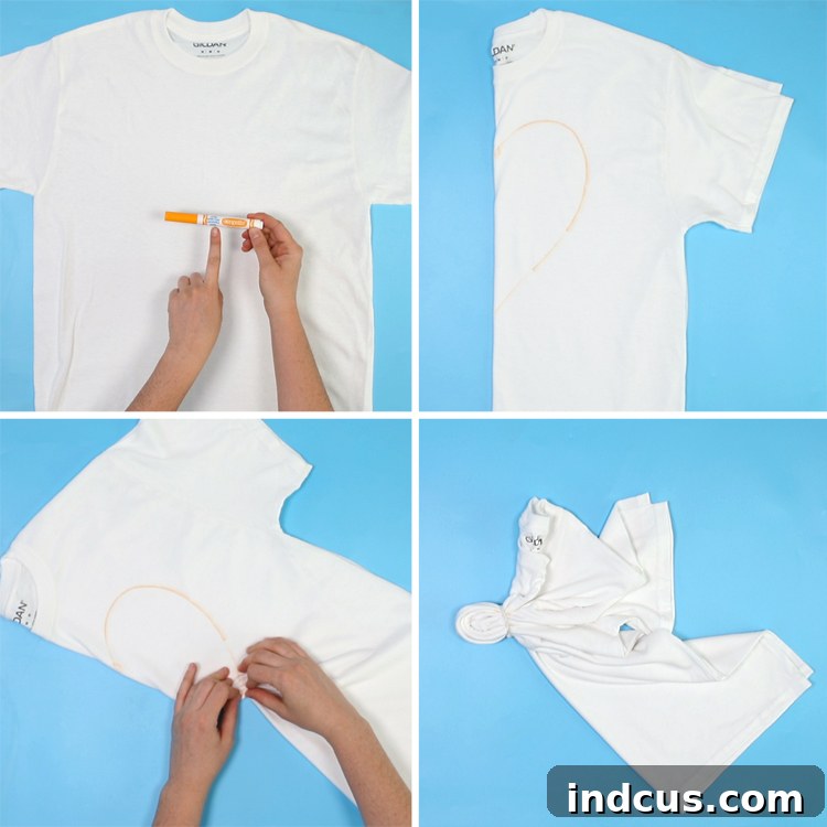 Vibrant Tie Dye Patterns to Craft 21 T-shirt folded in half with a half-heart drawn, ready for pleating for a heart tie-dye pattern.