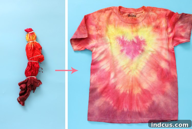 Vibrant Tie Dye Patterns to Craft 22 Finished heart tie-dye pattern on a t-shirt, displaying a clear red heart against a colorful background.