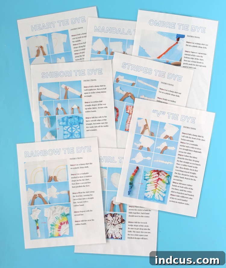 Vibrant Tie Dye Patterns to Craft 23 Image displaying a printable sheet of tie-dye instructions with clear photos and text steps.