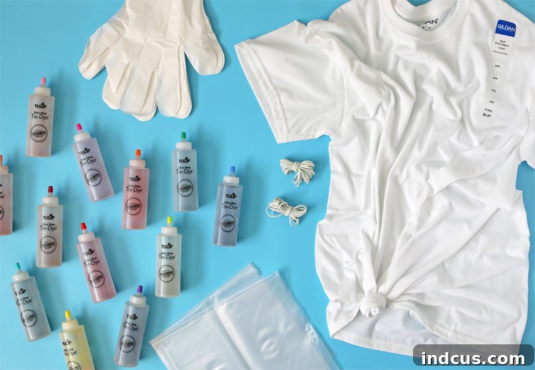 Vibrant Tie Dye Patterns to Craft 5 A collection of essential tie-dye supplies including t-shirts, dye bottles, rubber bands, and protective gear.