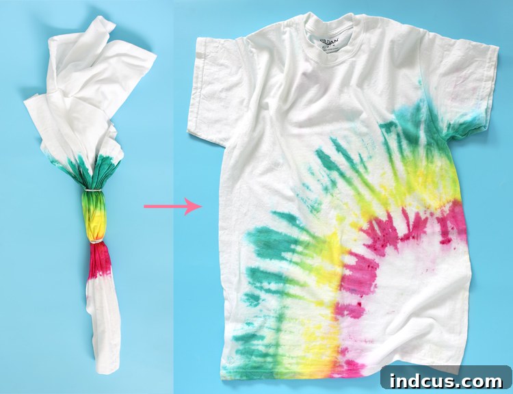 Vibrant Tie Dye Patterns to Craft 7 Step-by-step visual guide demonstrating how to fold a t-shirt for a rainbow tie-dye pattern.