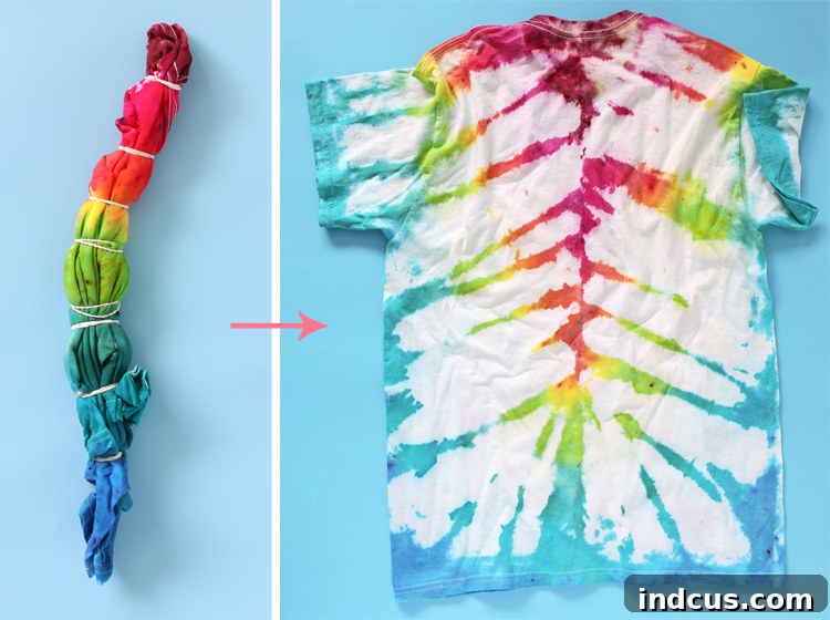Vibrant Tie Dye Patterns to Craft 9 Finished tiger stripes tie-dye pattern on a t-shirt, showcasing vibrant diagonal bands of color.
