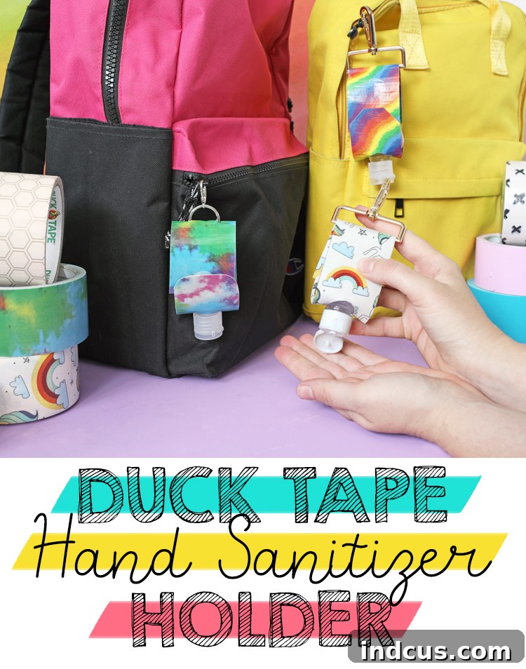 Clever Duck Tape Sanitizer Carriers 12 Pinterest-optimized image for the Duck Tape hand sanitizer holder project.