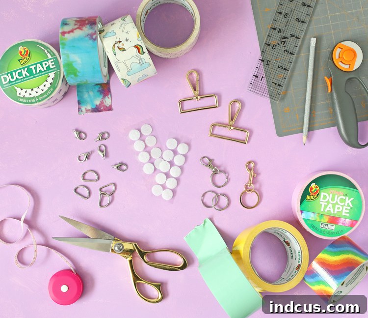Clever Duck Tape Sanitizer Carriers 3 Crafting supplies laid out for the Duck Tape hand sanitizer holder project.