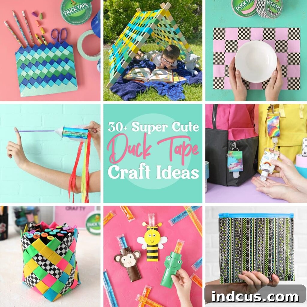 A vibrant collection of diverse duck tape crafts, showcasing colorful and creative projects for all ages