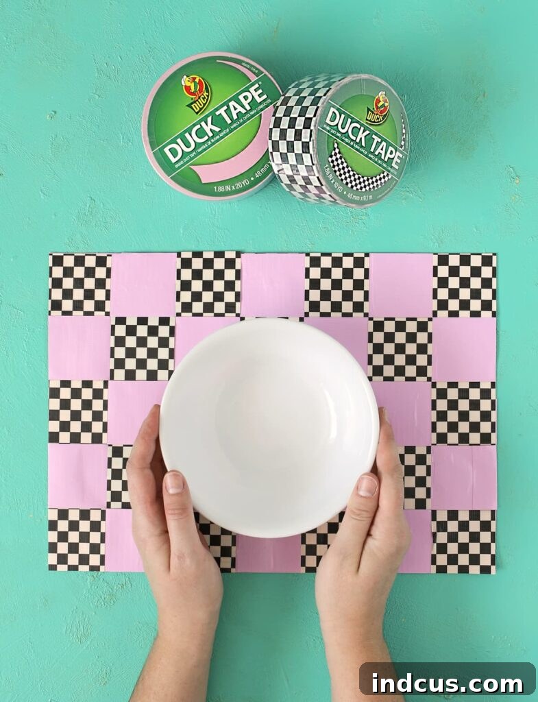 Colorful woven duck tape mats used as placemats