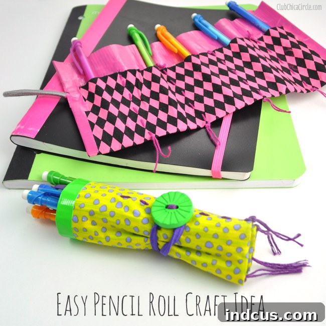 Duck tape pencil roll organizer holding colored pencils