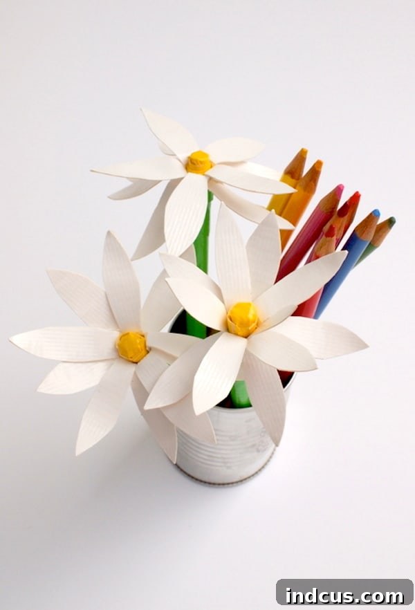 Decorative duck tape flower pens on a desk