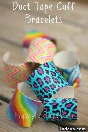 Colorful duck tape cuff bracelets on a child's arm