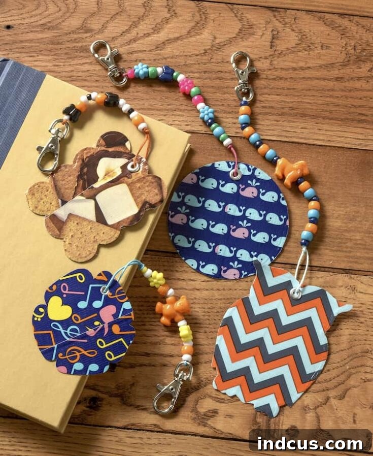 Personalized duck tape backpack charms adding flair to a bag