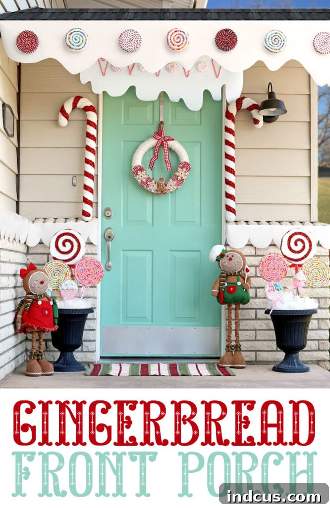 Christmas porch decorated with gingerbread theme, featuring large gingerbread figures, candy trim, and a festive rug