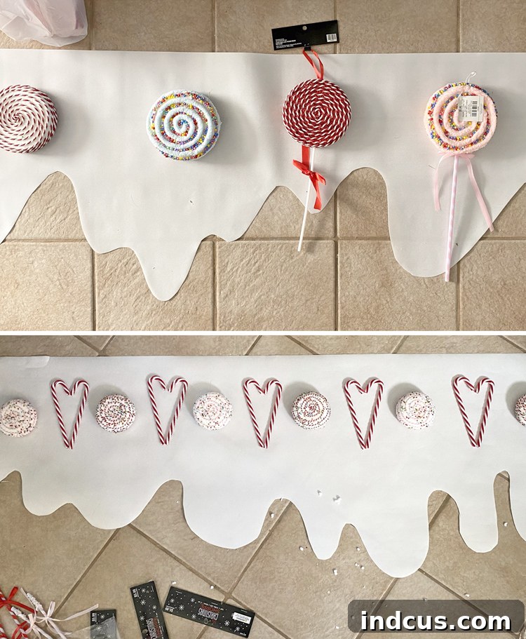Close-up of DIY gingerbread house frosting trim decorated with various candies