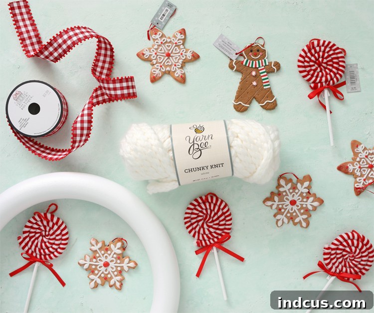 Gingerbread and peppermint themed Christmas wreath, a DIY project