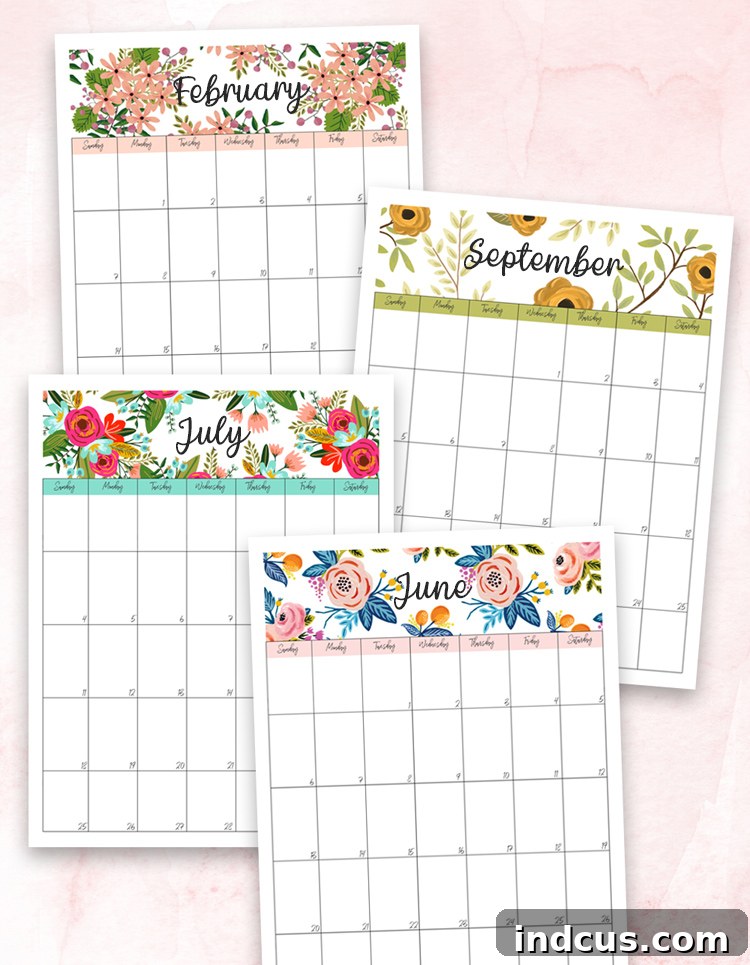 Detailed page view of floral printable calendar showing monthly layout and ample space for notes