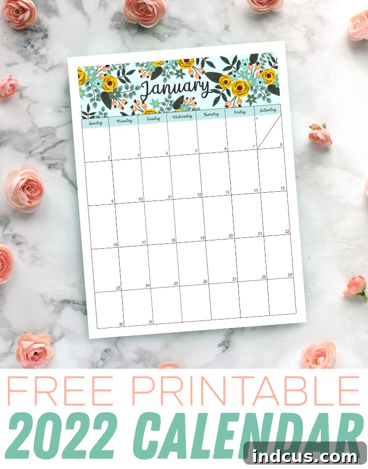 Floral printable calendar monthly spread showing the elegant design elements and clear date layout