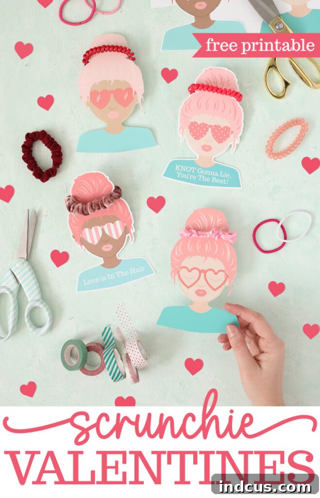 Pinterest graphic: Free printable hair tie Valentine cards for kids, featuring girl characters with scrunchies.