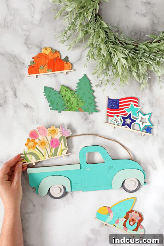 Delightful wooden truck wall decor featuring interchangeable seasonal pieces for year-round charm.