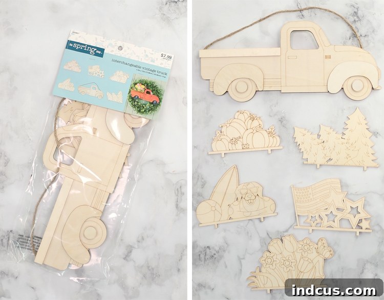 Close-up of a Hobby Lobby wooden truck craft kit, showcasing the raw wood ready for customization.