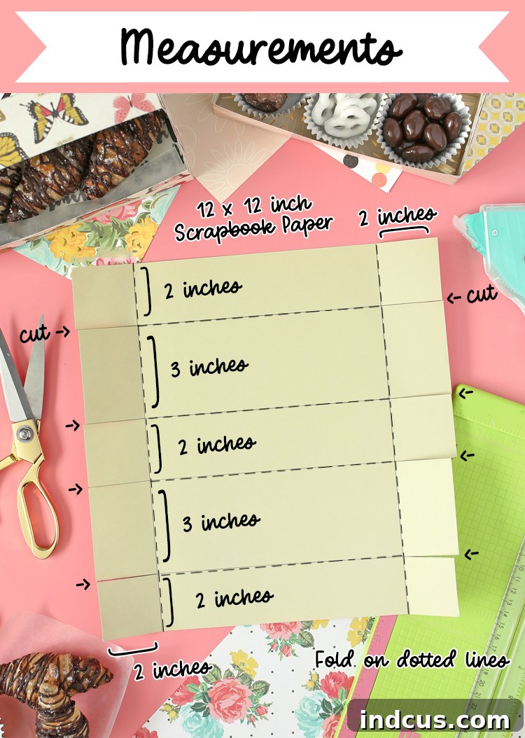 Scoring guide for DIY paper treat box, showing horizontal and vertical lines