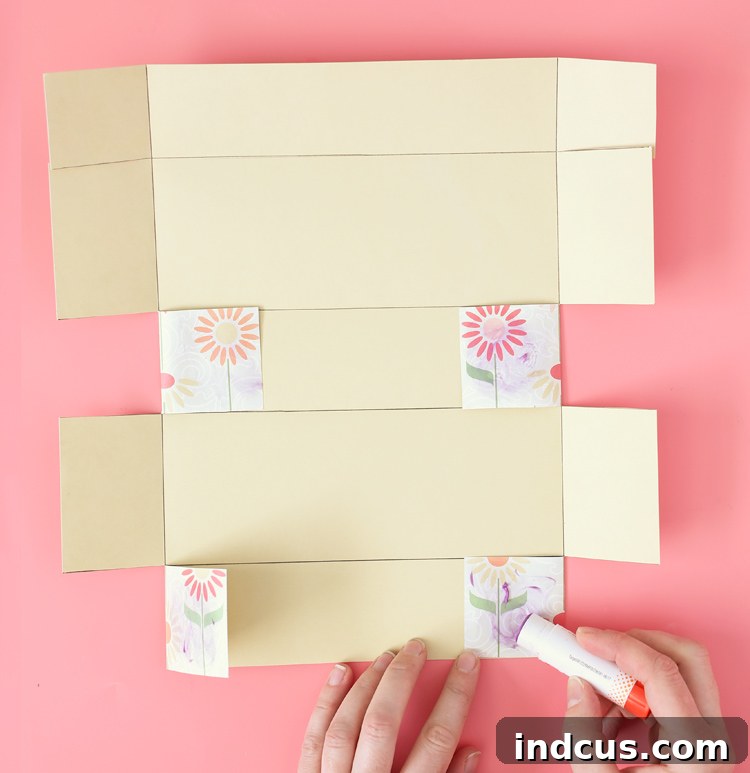 Step-by-step: folding flaps and applying glue for paper box construction