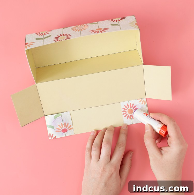 DIY paper box tutorial: preparing lid tabs with adhesive