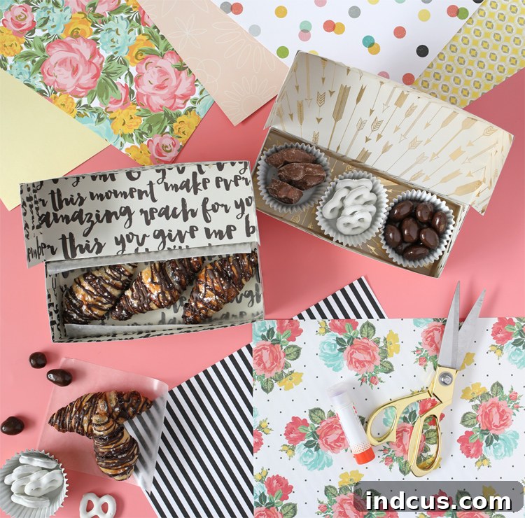 Finished easy paper treat boxes crafted from 12x12 scrapbook paper, ready for gifting