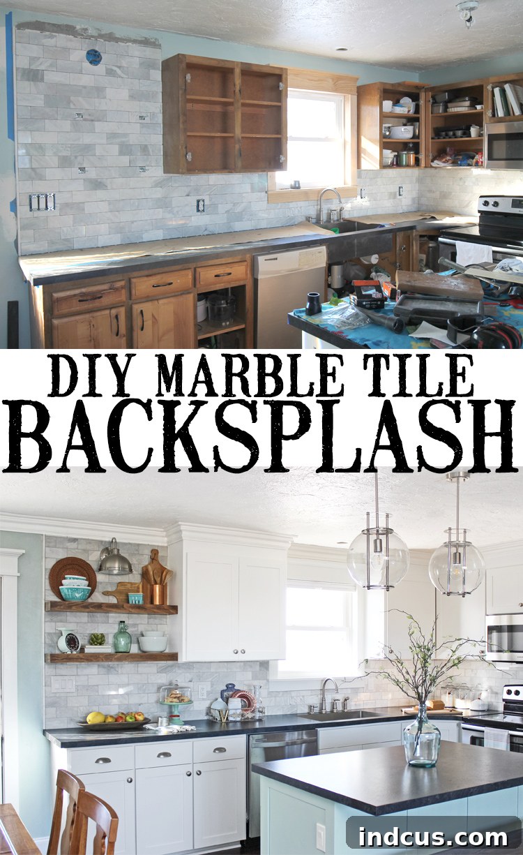 DIY tutorial for marble subway tile backsplash