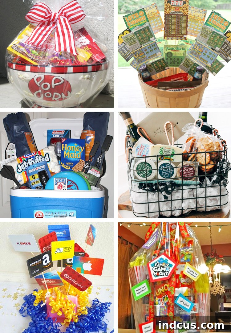 A selection of gift baskets perfect for raffles, including movie night, lottery tickets, and outdoor adventure themes.