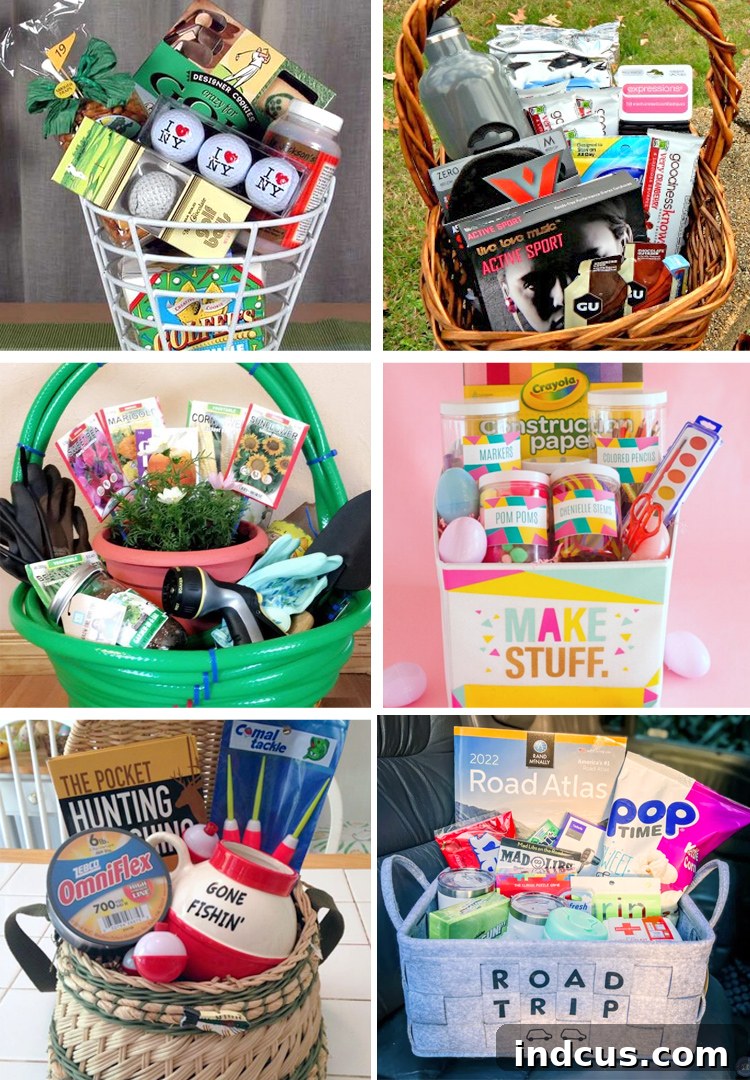 A collage of hobby-themed gift baskets for golf, running, gardening, and art.