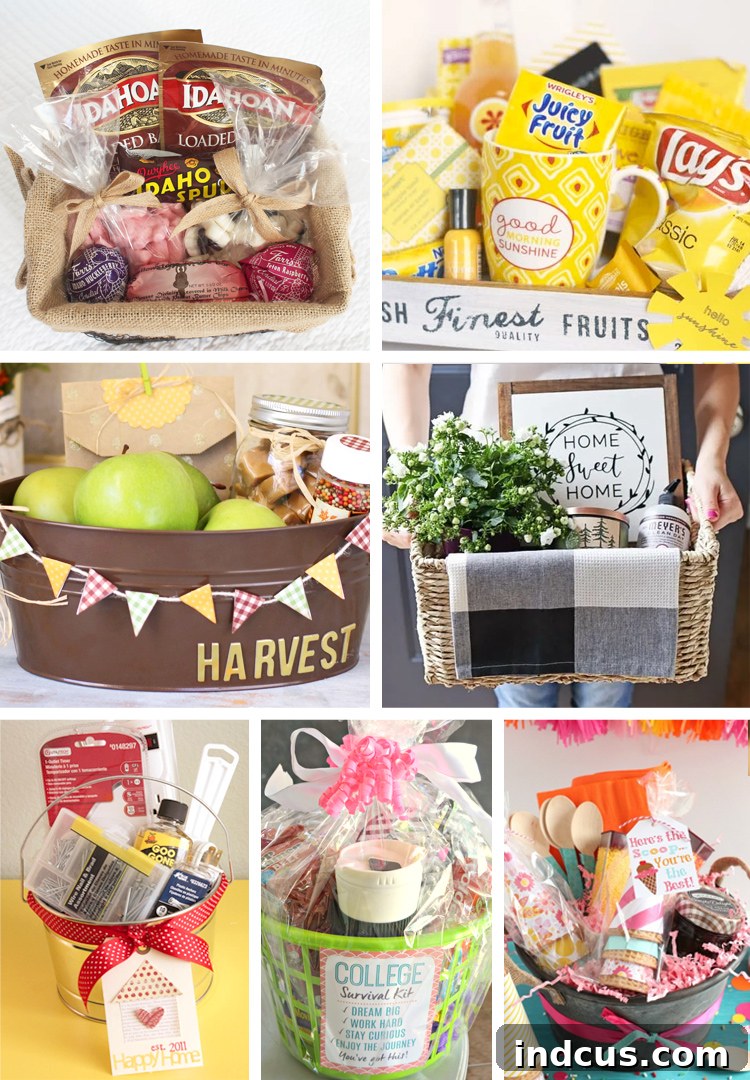 A collection of unique gift basket ideas, featuring state-themed, 'box of sunshine,' and housewarming concepts.