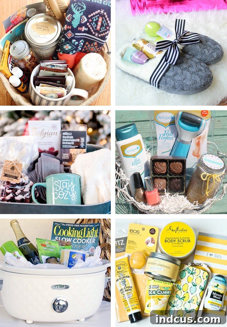 A collection of gift baskets tailored for women, highlighting themes like relaxation, cozy comforts, and cooking.