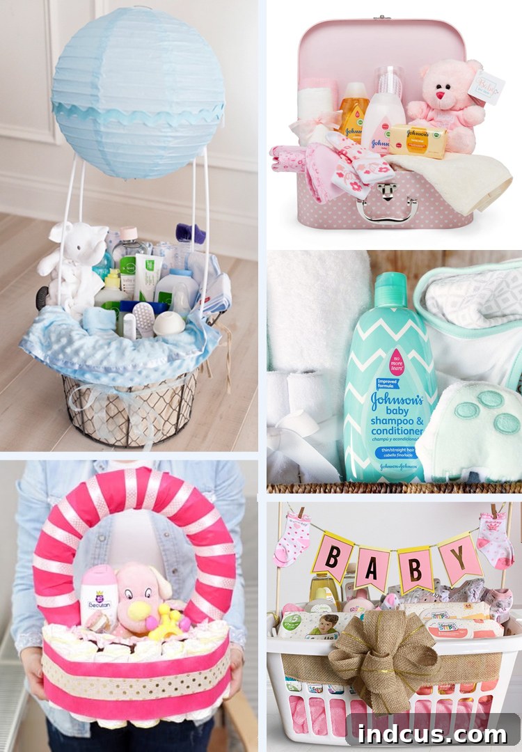 A collage of creative baby shower gift baskets, featuring hot air balloons, suitcases, and diaper designs.