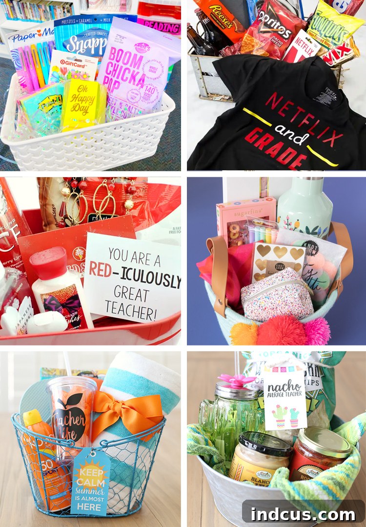 A montage of gift baskets designed for teacher appreciation, including themes like 'Netflix and Grade' and 'Summer Break'.